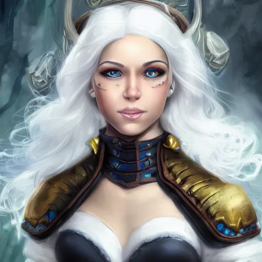 Prompt: fantasy portrait of a female human adventurer with white skin, white hair, white eyes without pupils, slightly - pointed ears, short wavy hair, eyebrow scar, trending on artstation, gentle smile, friendly, warm and welcoming, geode cave background