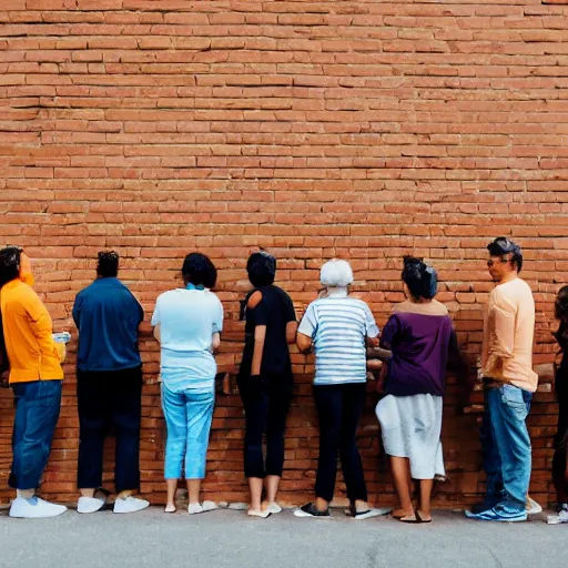 Prompt: people lineup in front of wall facing the camera