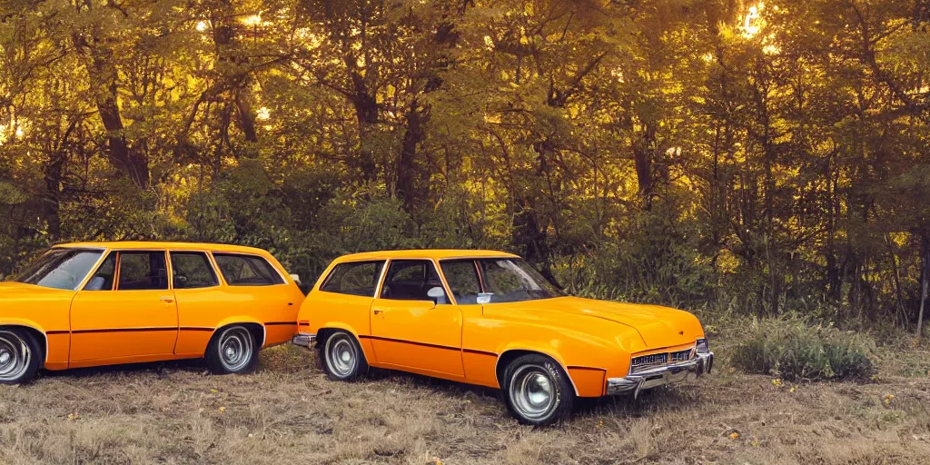 Image similar to 1 9 7 3 ford pinto stationwagon, yellow - orange color, wide - angle lens, dramatic lighting, cool marketing photo