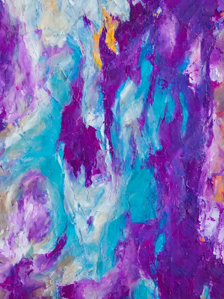 Image similar to abstract multiple layers of purple and blue shades paint dripping and running down a canvas, oil on canvas, detailed