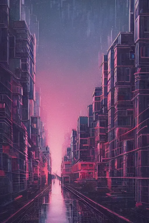 Image similar to Alena Aenami, cybercity at night with buildings in the distance, puffy cloudy sky, intricate detail, water rushing into the streets, light and reflections, future, Trending on artstation