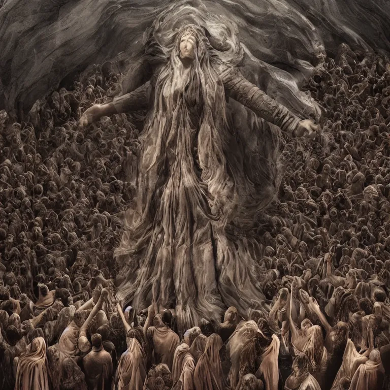 Image similar to octane render portrait by wayne barlow and carlo crivelli and glenn fabry, a huge crowd of people in giant black wavy billowing fabric cult robes inside an ancient greek mystery cult, worshipping a giant stone idol, cinema 4 d, ray traced lighting, very short depth of field, bokeh