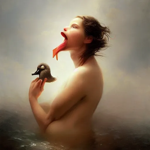 Prompt: epic portrait an woman licking a duck, wet flowing hair, sweaty skin, broad light, ambient occlusion, volumetric light effect, made by ivan aivazovsky, peter mohrbacher, greg rutkowski, hyperrealistic, hyperdetailed, matte painting, trending on artstation, 8 k, perfectly defined features, digital painting,