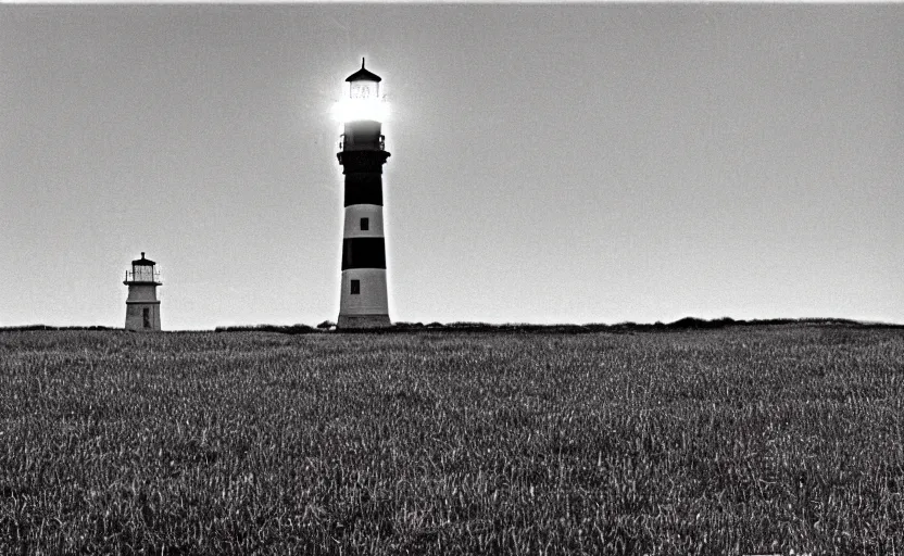 Image similar to lighthouse that shines red, field, night, unsettling, burning trees on the horizon, photo 1998