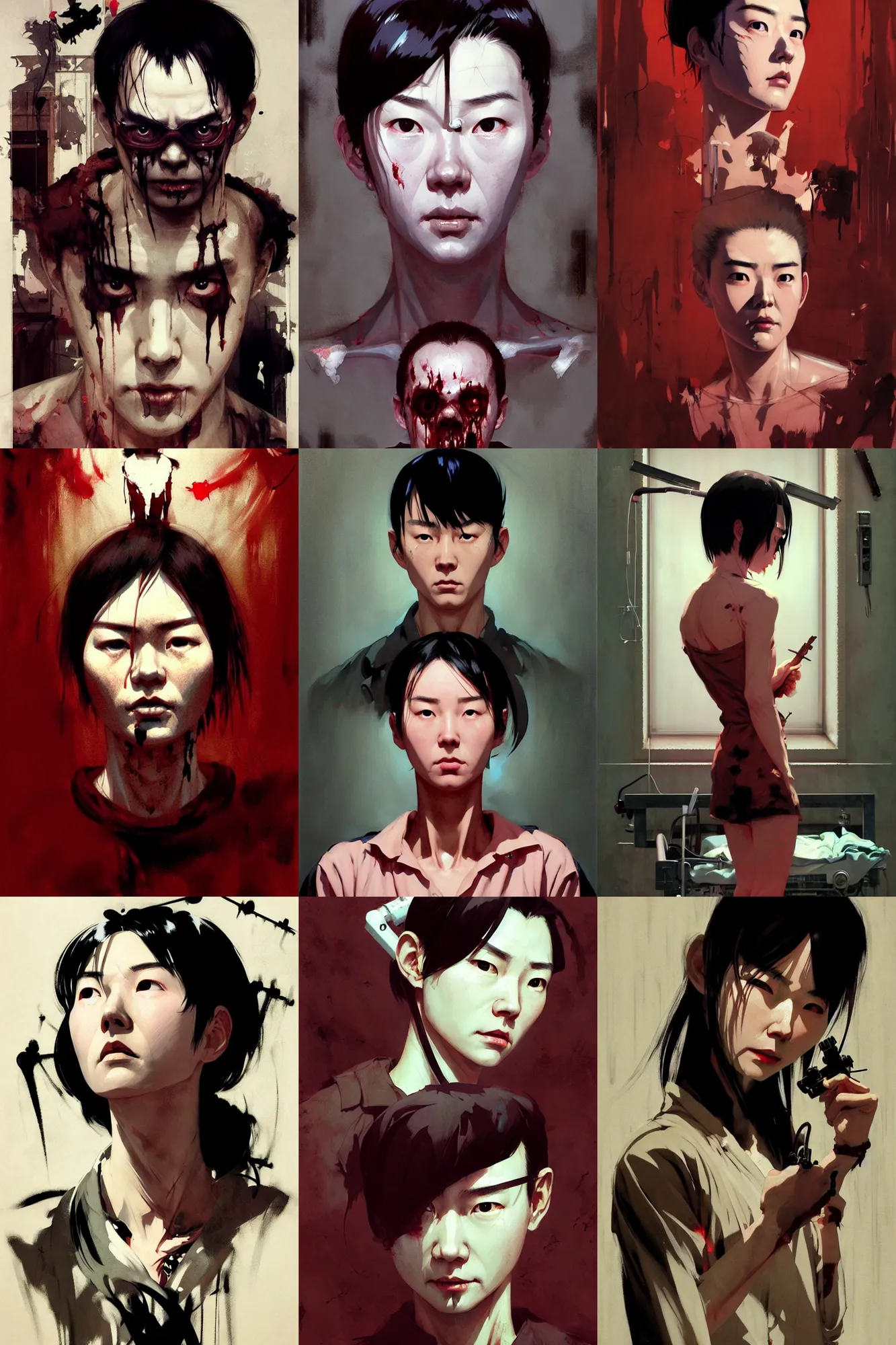 Prompt: hyper - realistic portrait of serial killer in haunted 1 9 5 0 hospital, extreme detail, in style of pan ren wei, ilya kuvshinov, yoji shinkawa, atey ghailan, krenz cushart, by greg rutkowski, by greg tocchini, by james gilleard, by joe fenton, by kaethe butcher, grunge aesthetic