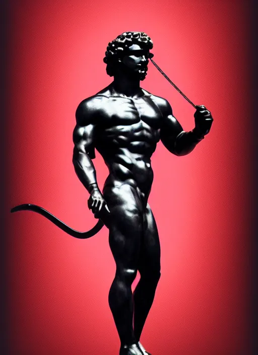 Image similar to black background, statue of hercules, thin red lines, dark, thin lines, neo vaporwave, trending on artstation