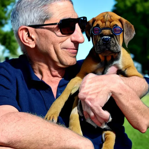 Prompt: 50mm photo, Anthony Fauci wearing sun glasses, holding a boxer puppy