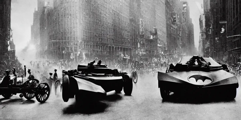 Image similar to old black and white photo, 1 9 1 3, depicting batmobile from dark knight rampaging through the bustling streets of new york city, rule of thirds, historical record