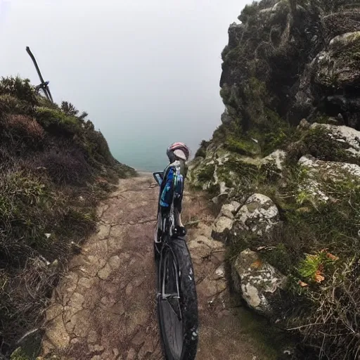 Prompt: POV bicycle: on a rocky path, Rider's first person holding the handlbars, point of view, GoPro, high 8k quality! entering the scary murky ocean, Fog. Ultrarealistic