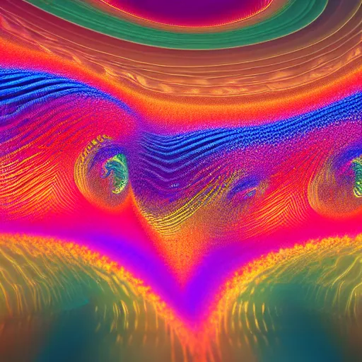 Prompt: the audio frequency waveform of love traveling through ripples of water, Multidimensional, fractal amalgamation, 8k, hyper realistic, octane render, hi-fructose, chromatic color scheme