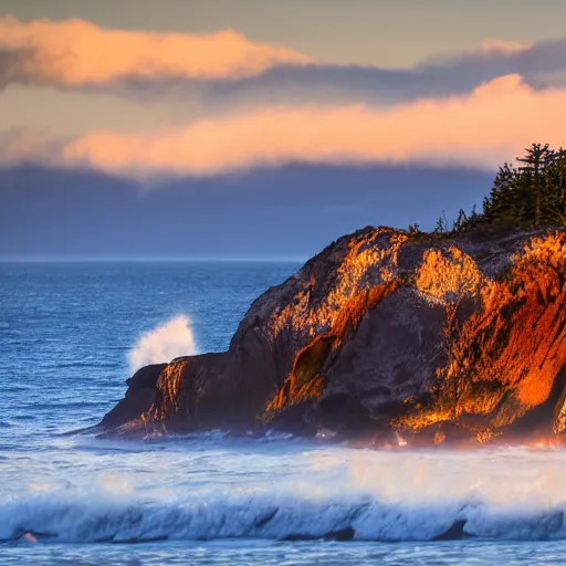 Prompt: oregon coast at sunset waves crashing on the rocky shoreline while an eagle soars and lands on the towering fir trees