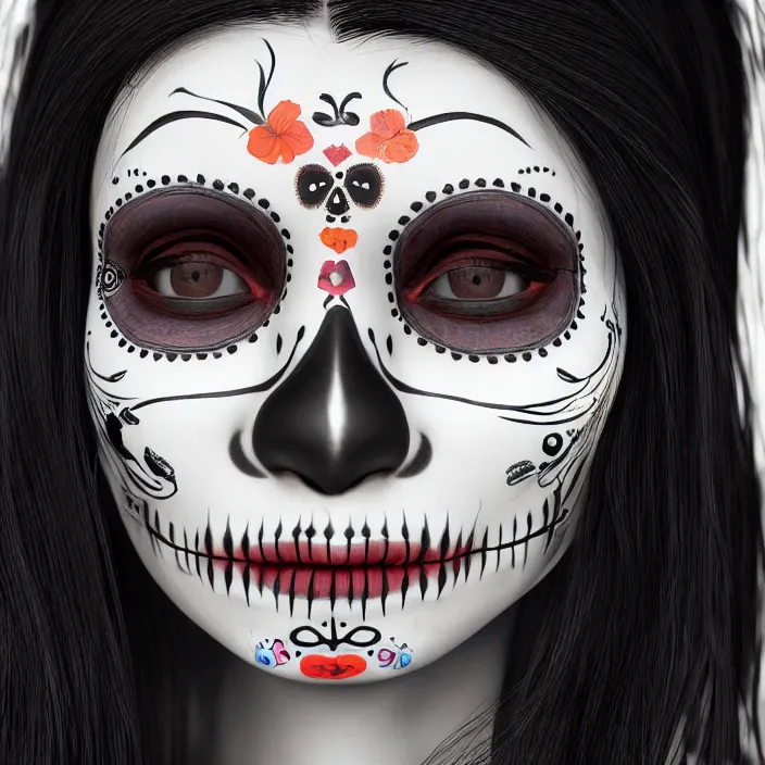 Image similar to a smiling girl with long black hair, her face slightly painted as dia de los muertos, by alozuniga. with the style of arcane ( 2 0 2 1 ). digital draw, digital art, trending on instagram, digital painting. octane render, unreal engine, beautiful lips.