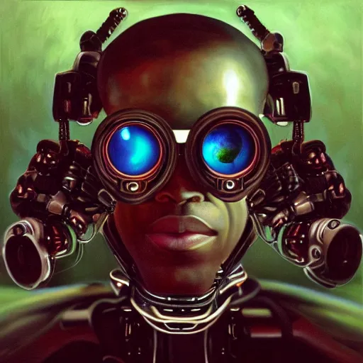 Image similar to a realistic oil painting of a black man as a cybernetic cyborg, surrealism portrait, surrealism album cover