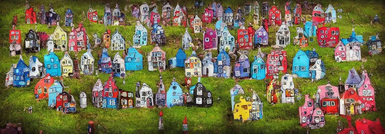 Image similar to quirky surreal naive houses painted by alexander jansson, bright colors