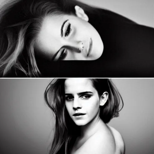 Image similar to emma watson and lana del ray photo in the style of sam haskins, on the bed