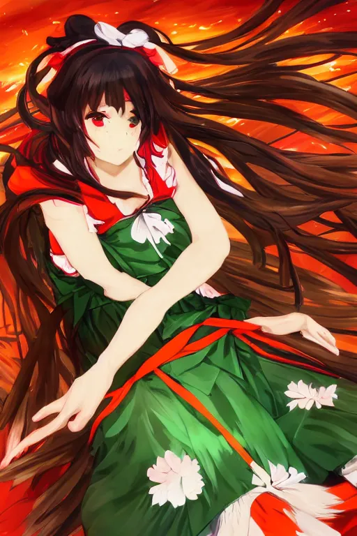 Prompt: hakurei reimu from touhou project floating on the water at night, plants, green and orange theme by krenz cushart and mucha and makoto shinkai and akihito yoshida and greg rutkowski, 4 k resolution