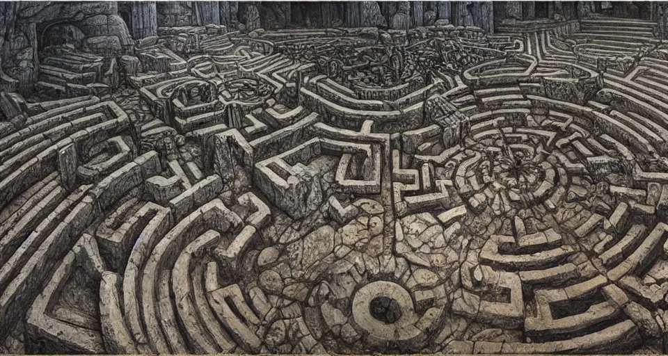 Image similar to ancient greek overgrown labyrinthwith with an gigantic ancient altar in the center, by giger, durer, beksinski, retro sci - fi movie, highly detailed, lush, intricate, photorealistic, illustration, matte painting, 8 k, beehance