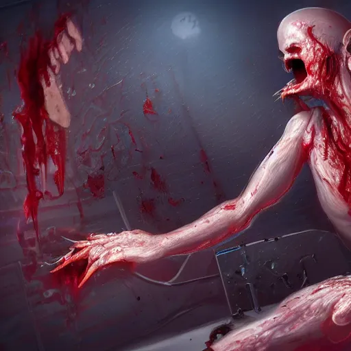 Prompt: a pc made out of flesh, computer made out of human flesh, skin on the gaming pc, personal computer horror, server, electronic, skinned alive, blood, teeth, intricate, highly detailed, digital painting, artstation, concept art, smooth, sharp focus, illustration,