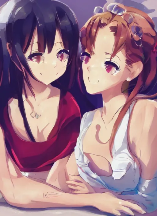 Prompt: two beautiful mothers sitting across from each other, summer clothes, gorgeous faces, thick lines, cinematic lighting, detailed anime art