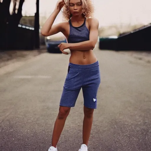 Image similar to realistic! photoshoot for a new nike lookbook, color film photography, portrait of a beautiful blonde!! woman, photo in style of tyler mitchell, 35mm