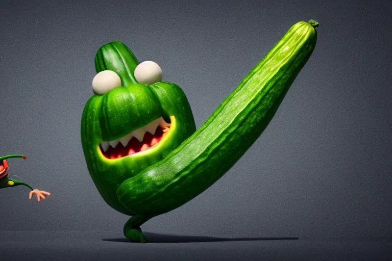 Image similar to detailed 3 d render of a mad zucchini character with arms and legs and a long sword chasing after a tomato character, hyper realistic octane render, cinematic lighting, wide angle, nightmare, adult pixar surrealism