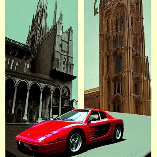 Prompt: a red ferrari testarossa in front of gothic architecture, gotham city, magazine collage style by nc wyeth and daniel mumford