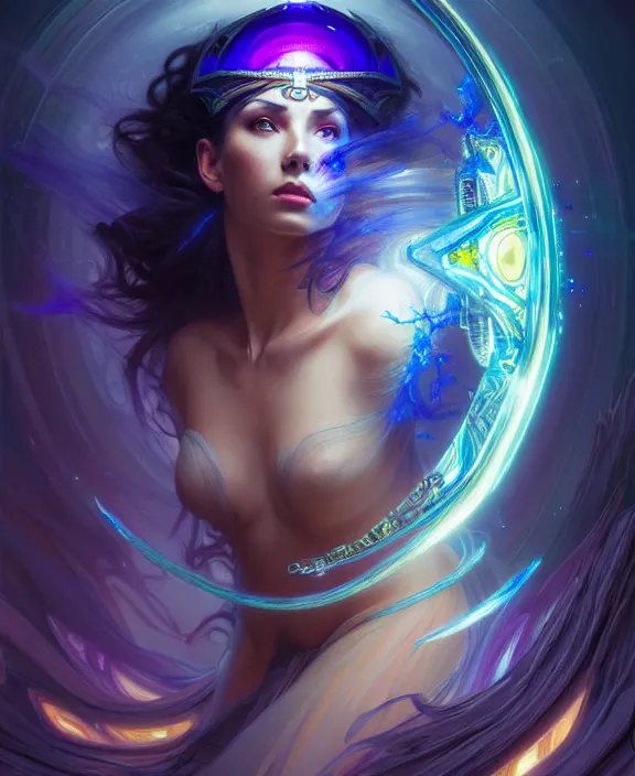 Image similar to a whirlwind of souls rushing inside the metaverse, half body, glowin eyes, tiara with sapphire, pharaoh, android, cyberpunk, d & d, fantasy, intricate, elegant, highly detailed, colorful, vivid color, digital painting, artstation, concept art, art by artgerm and greg rutkowski and alphonse mucha and ruan jia