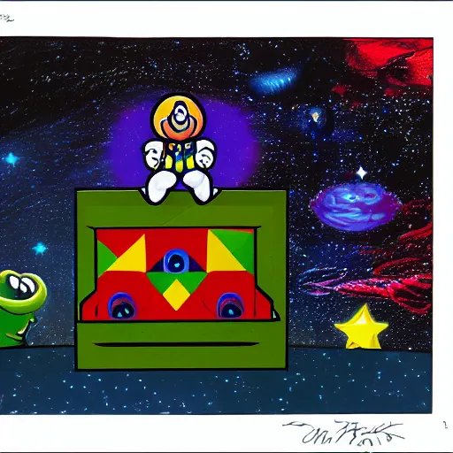 Image similar to a portrait of an alien cosmic psychedelic Super Mario waiting for you in deep space, by Gerald Blum