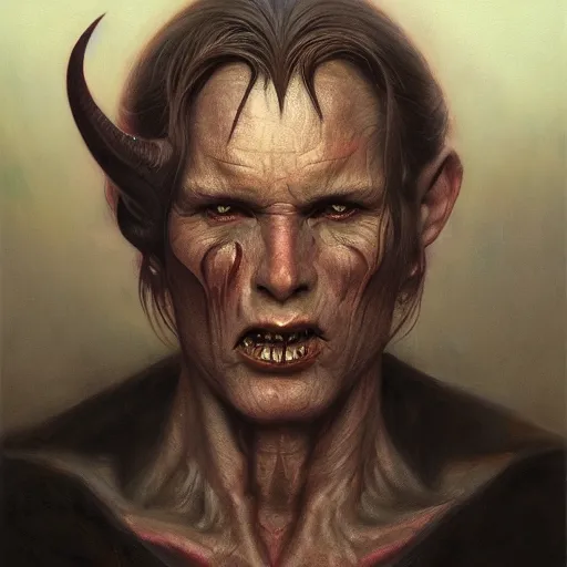 Prompt: photorealstic portrait of a devil, detailed, centered, digital painting, artstation, concept art, by donato giancola, Sean Yoro, Greg Rutkowski, trending on Artstation, Joseph Christian Leyendecker, WLOP, Boris Vallejo, dark, moody, foggy