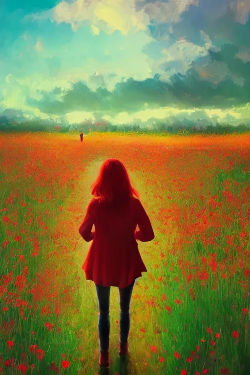 Prompt: red haired girl walking in a flower field, surreal photography, sunrise, dramatic light, impressionist painting, colorful clouds, digital painting, artstation, simon stalenhag