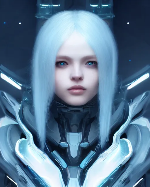 Image similar to perfect android girl on a mothership, warframe armor, beautiful face, scifi, futuristic, galaxy, nebula, raytracing, dreamy, long white hair, blue cyborg eyes, sharp focus, cinematic lighting, highly detailed, artstation, divine, by gauthier leblanc, kazuya takahashi, huifeng huang