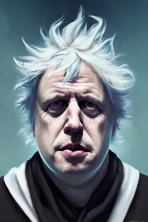 Image similar to Boris Johnson as Rick Sanchez, one eyebrow, white robe, big eyes, 2d portrait, symmetrical, highly detailed, digital painting, artstation, concept art, smooth, sharp focus, illustration, cinematic lighting, art by artgerm and greg rutkowski and alphonse mucha