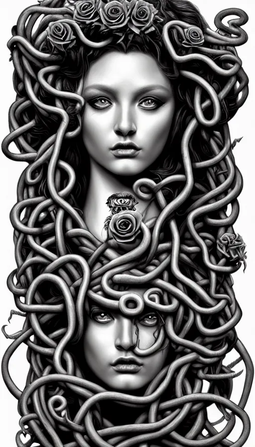 Prompt: , medusa, symmetrical portrait, realistic, full body, black rose, rich detail, by stanley artgerm photo - grade