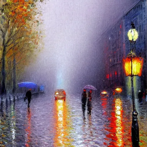 Prompt: rainy street, impressionism