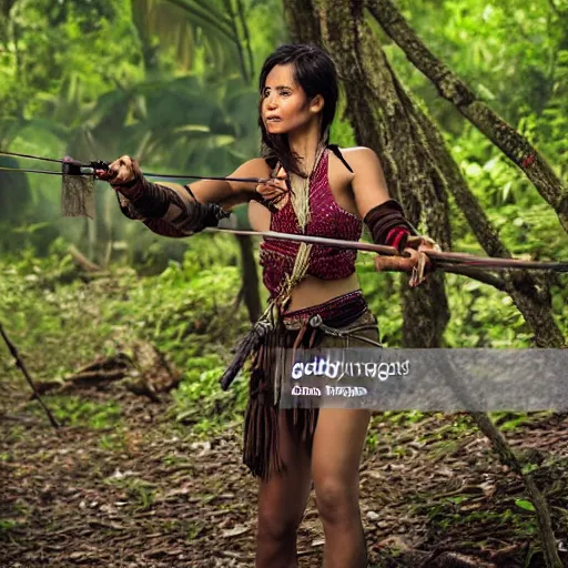 Prompt: photography, female heroine in the jungle hunting with bow and arrow, with pick axe, gettyimages, realistic face