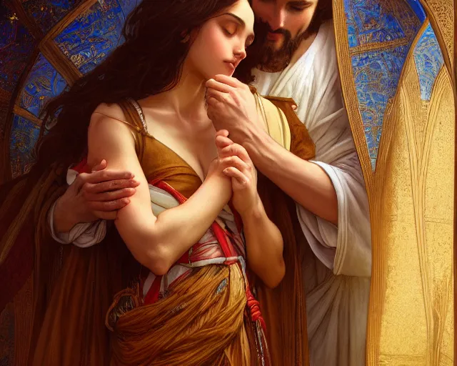 Prompt: photography of jesus kissing a sensual woman in jerusalem, deep focus,, intricate, elegant, highly detailed, digital painting, artstation, concept art, matte, sharp focus, illustration, art by artgerm and greg rutkowski and alphonse mucha