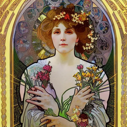 Image similar to a Masterpieces portrait of trump covered in flowers radiates holy light in the church in the style of Alphonse Mucha,Gustave Doré style,oil on canvas