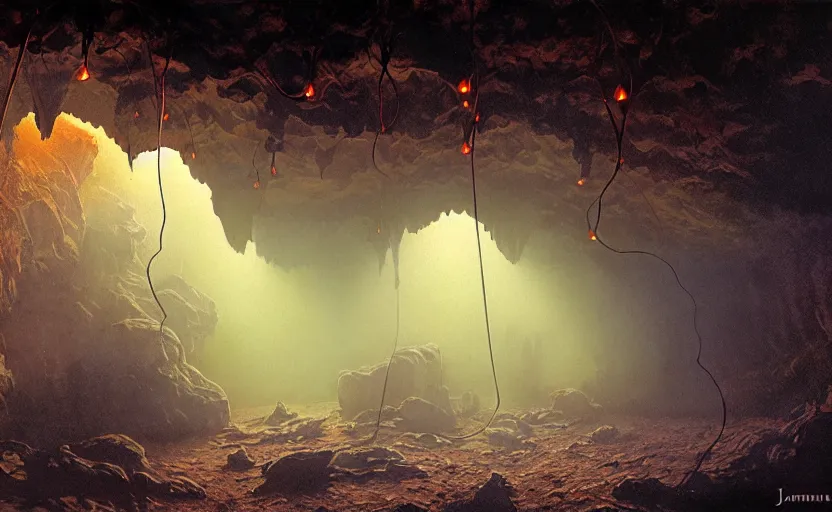 Image similar to natural cave, darkness, some bulb lights, dynamic light, cable on ceiling, some old props on the ground, mist low over ground, illustration painting by james gurney and josan gonzales