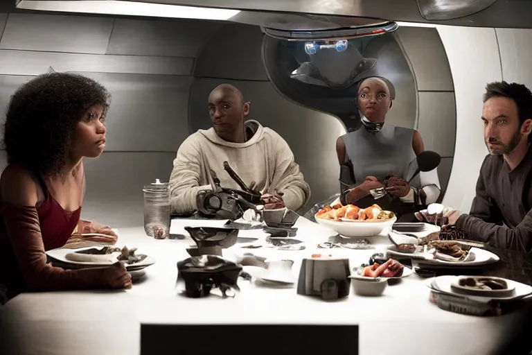 Image similar to movie diverse interracial small team of European sci-fi futuristic space explorers talking at the table in a spaceship kitchen, beautiful skin, Symmetrical faces. Beautiful lighting by Emmanuel Lubezki