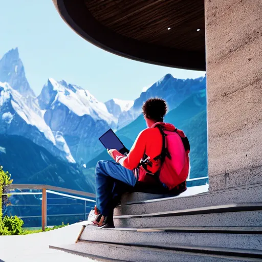 Prompt: digital painting of a software developer sitting outside in front of a modern campus building with beautiful mountains in the background, summer, alps, 4k, unreal, digital health