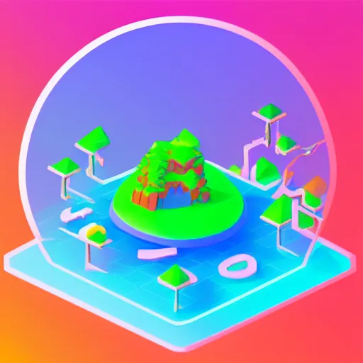 Image similar to isometric half sphere island on neon background, isometric invironment, 3d art, isometric art, high detail, artstation, concept art, behance, ray tracing, smooth, sharp focus, ethereal lighting