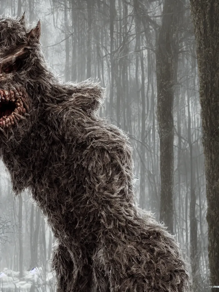 Image similar to standing photorealistic detailed tall skinny humanoid creature with fur, the woods, night, extremly detailed, 8 k, realistic, sharp focus, cosmic horror creature, cosmic horror, from the movie the thing