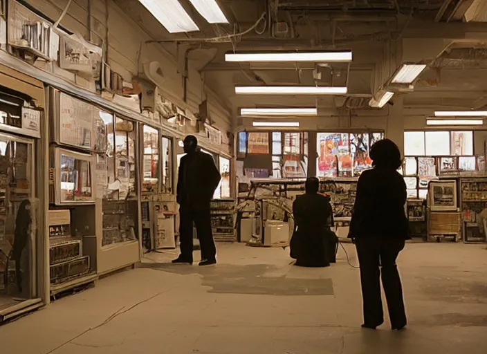 Image similar to cinematic shot of backlit windows of a narrow used electronics store where octavia spencer looks for an old synthesizer in the cramped messy aisles,, iconic scene from the paranoid thriller sci fi film directed by stanley kubrick, set in the near cyberpunk future, anamorphic cinematography, beautiful composition, color theory, leading lines, photorealistic, volumetric lighting