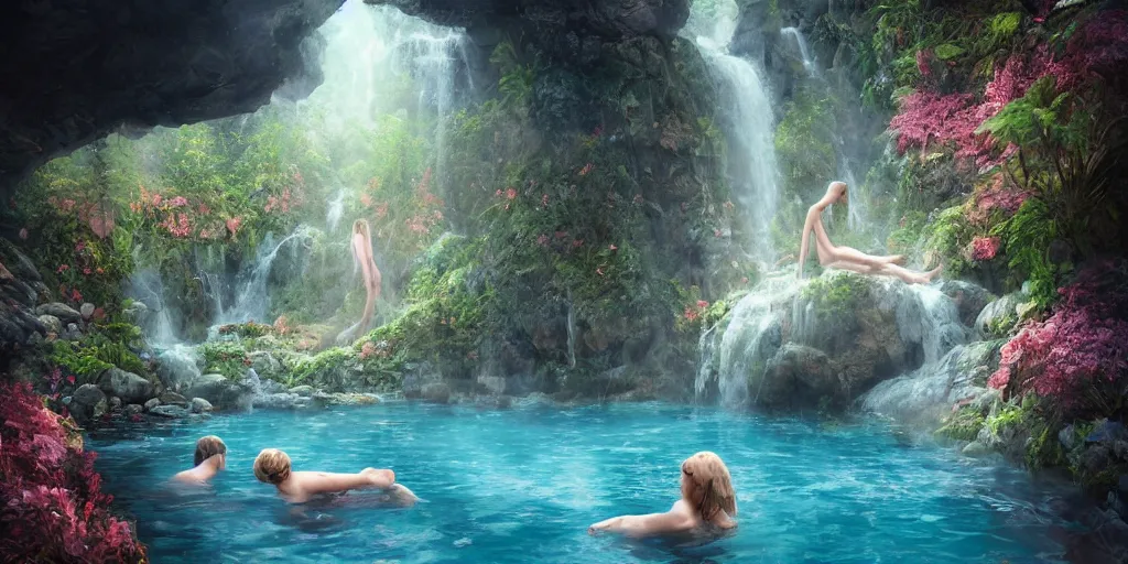 Image similar to cozy mountain hot springs hidden in a cave, lush trees and flowers, sunset, nephilim, rippling pools of water, ethereal, fantasy, James Jean, oozium, peter morbacher, angelarium, alchemy, luxury, heavenly light, Soft illumination, Trending on artstation, Cinematic Lighting, digital painting, octane render, artgerm