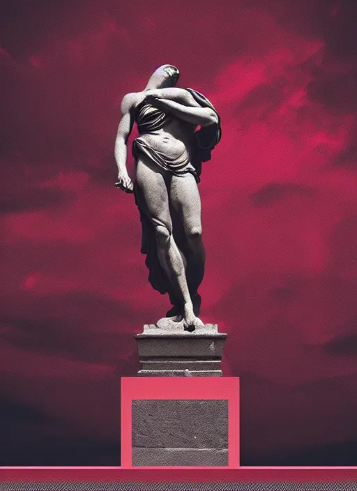Image similar to black background with subtle red and purple design elements, greco roman statue, grey, nekro, thin lines, dark, glitch art, neo vaporwave, gritty, layout frame, trending on artstation