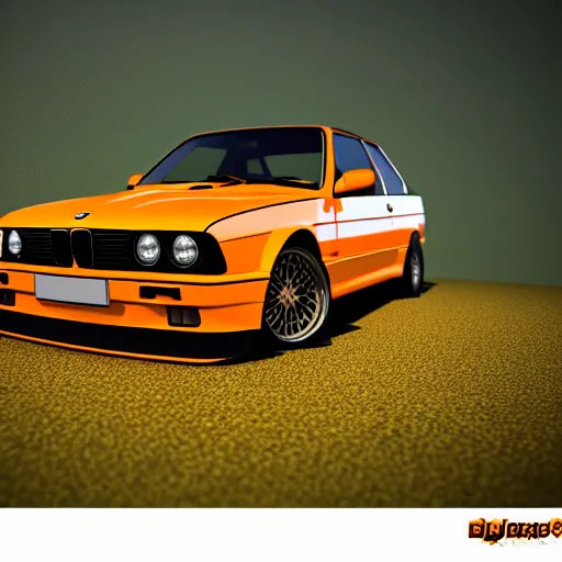 Image similar to blender render of orange bmw e 3 0 m 3 in a field of flowers, low angle shot