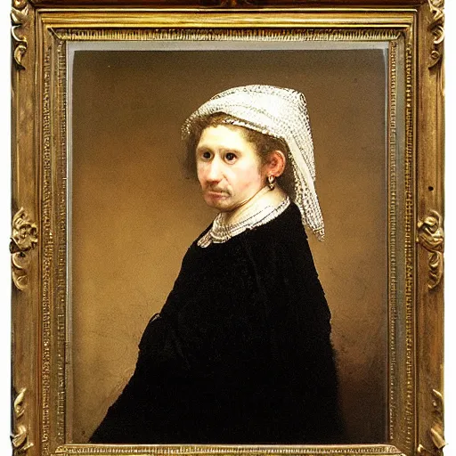 Prompt: Rembrandt painting of a young white woman with black hair