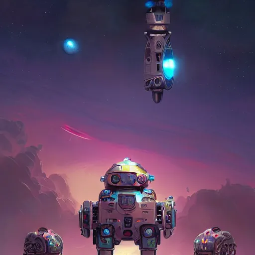 Image similar to no man's sky robot sentinels colorful, fantasy, intricate, highly detailed, digital painting, hq, trending on artstation, illustration, style of stanley artgerm and greg rutkowski and dan mumford