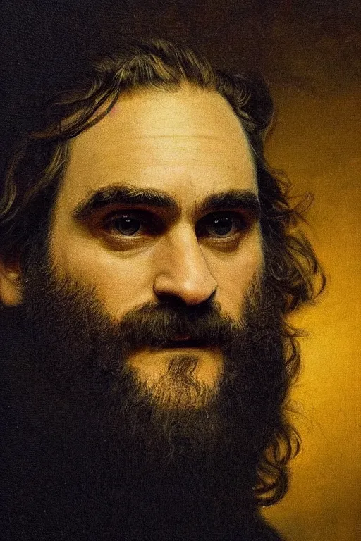 Prompt: joaquin phoenix, painted by rembrandt, intricate, detailed, atmospheric lighting, golden hour.