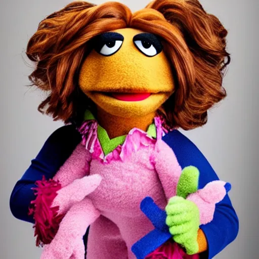 Image similar to studio portrait still of muppet!!!!! pam beesly from the office!!!! as a muppet muppet muppet as a muppet, 8 k, studio lighting, key light,